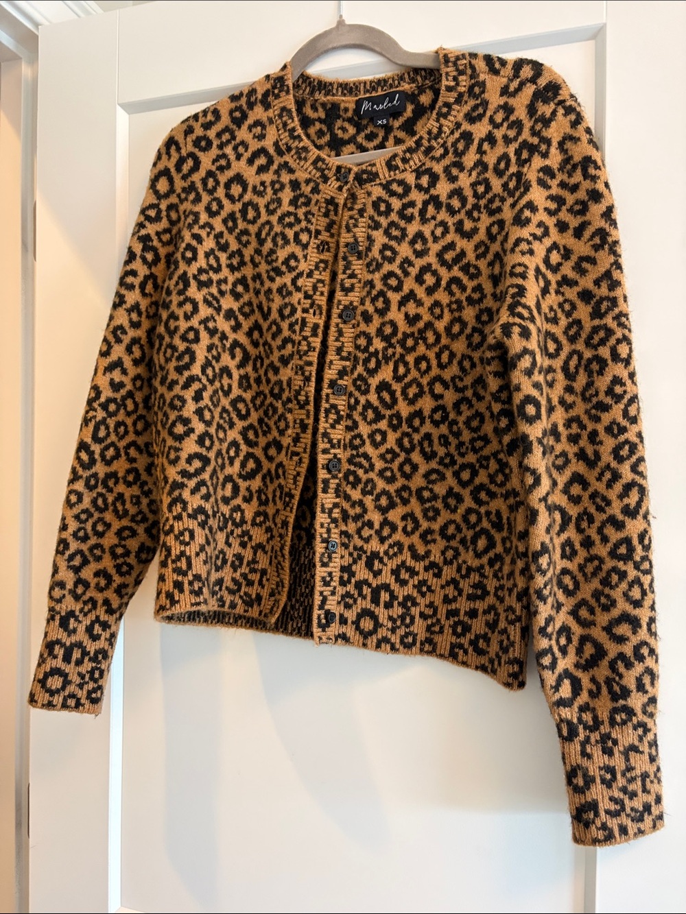 Marled Leopard-Print Button Cardigan in Camel and Black